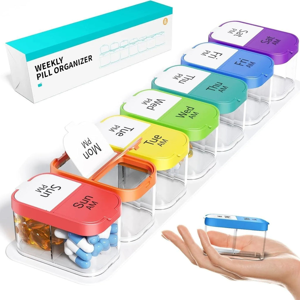 Extra large white and rainbow coloured pill box dispenser with 14 removable compartments showing dimensions