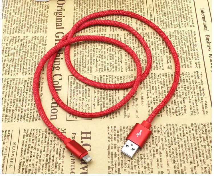 Denim braided USB Type-C cable with aluminium connectors in black, blue, or red, showing length options.