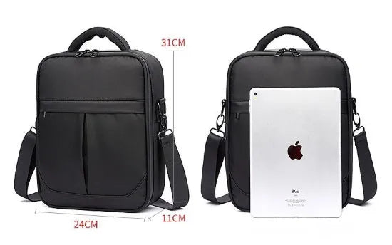 Black Oxford fabric men's messenger bag showing shoulder strap and structured shape
