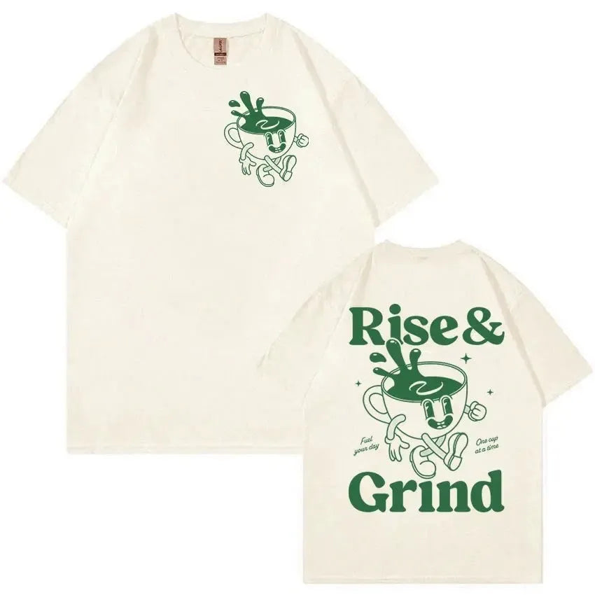 Men's loose fit light grey t-shirt with a green 'Rise and Grind' coffee cartoon print on the front.