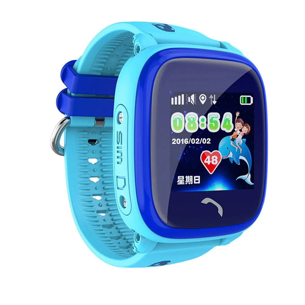 Blue children's waterproof smart watch with touch screen display and silicone wristband showing SOS button