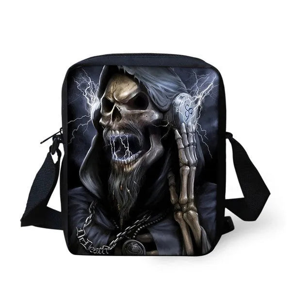 Medium polyester children's messenger bag with skull pattern, double straps, and zipper pocket in casual style
