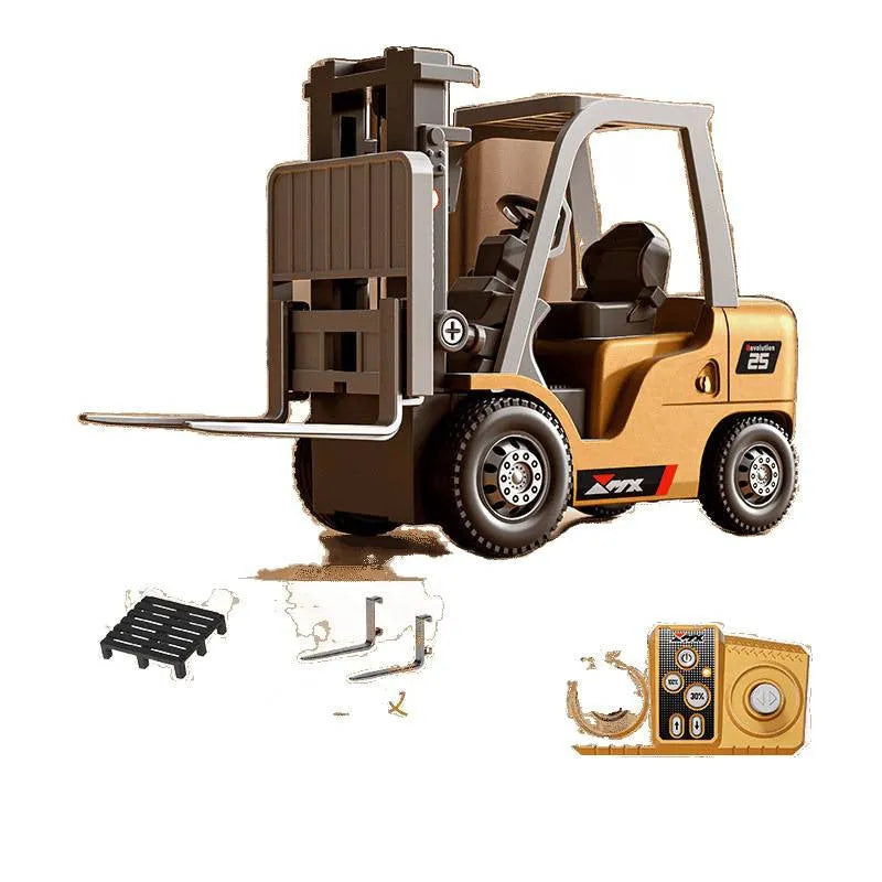 1:64 scale alloy remote control forklift with cargo forks and pallet on wooden surface