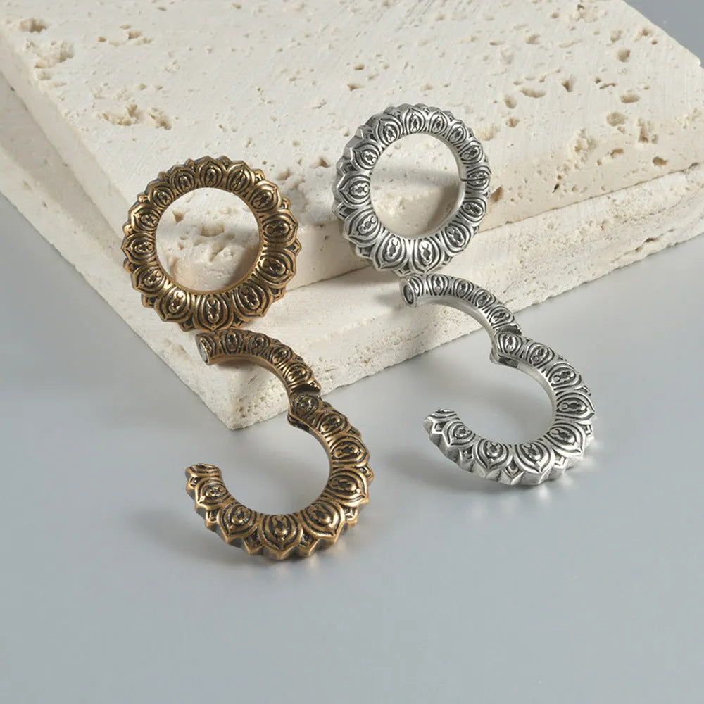 Retro hollow heart and lotus magnetic earrings in antique silver and gold finishes