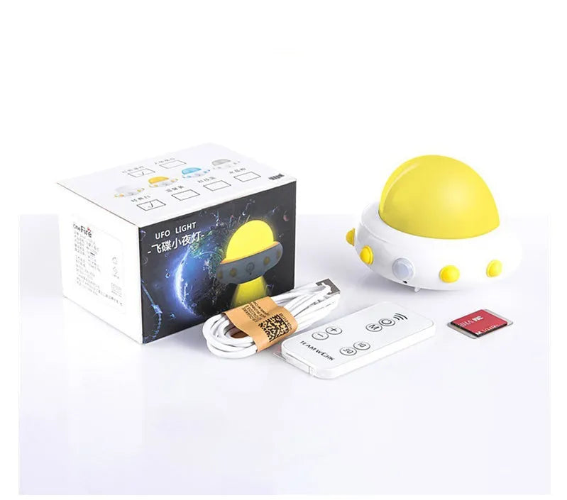 Remote control UFO shaped bedside night light in blue, pink, or white colour.