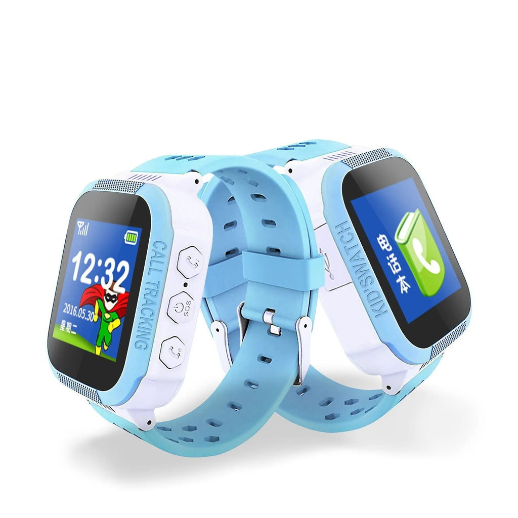 Blue children's phone watch with 1.44 inch IPS screen showing interface
