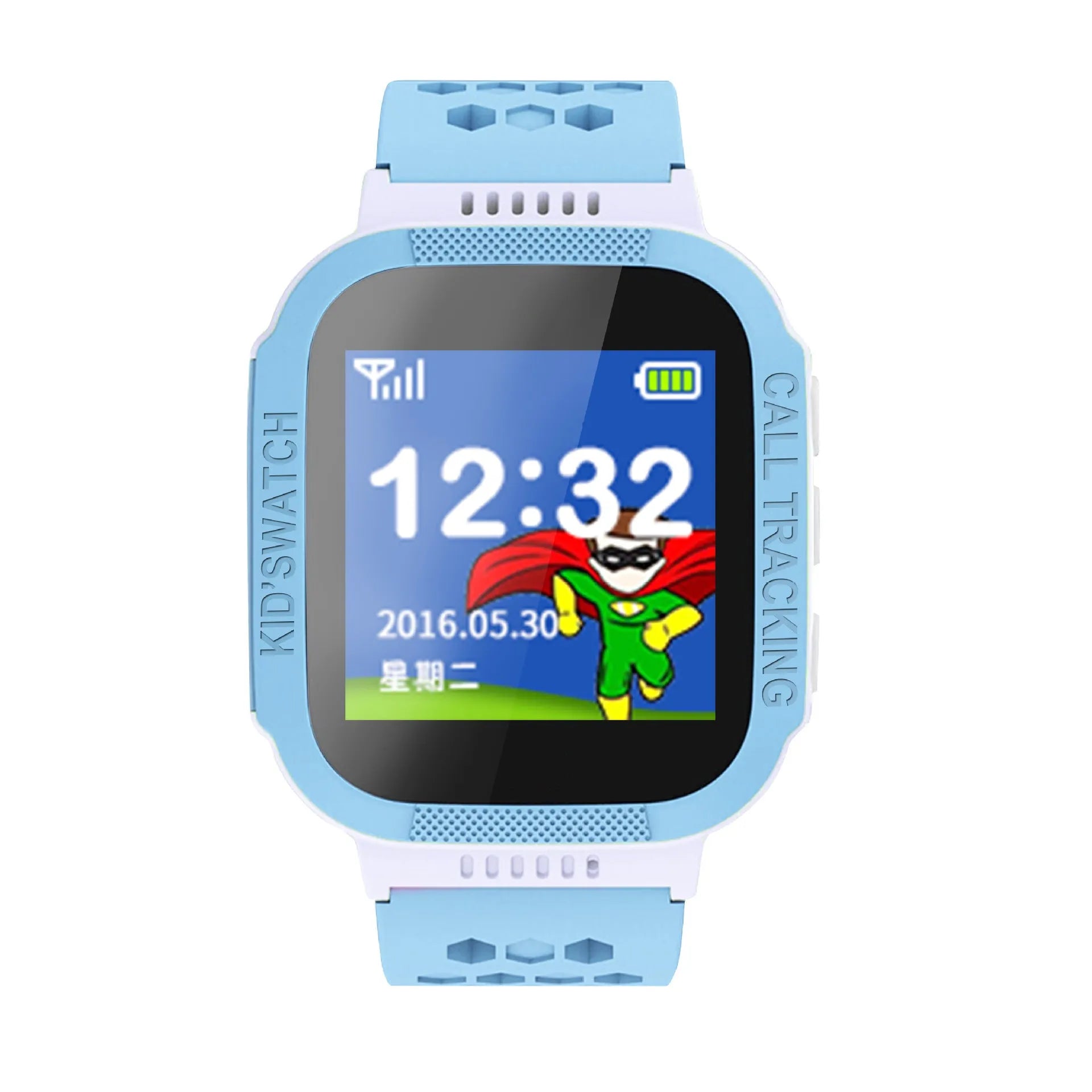 Blue children's phone watch with 1.44 inch IPS screen showing interface