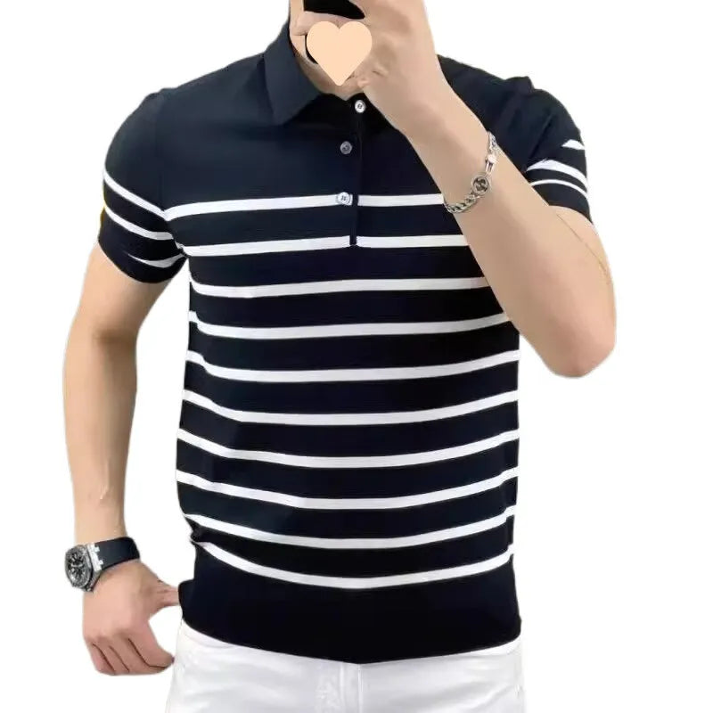 Black and white striped pullover T-shirt with lapel design in Asian sizes M to 3XL
