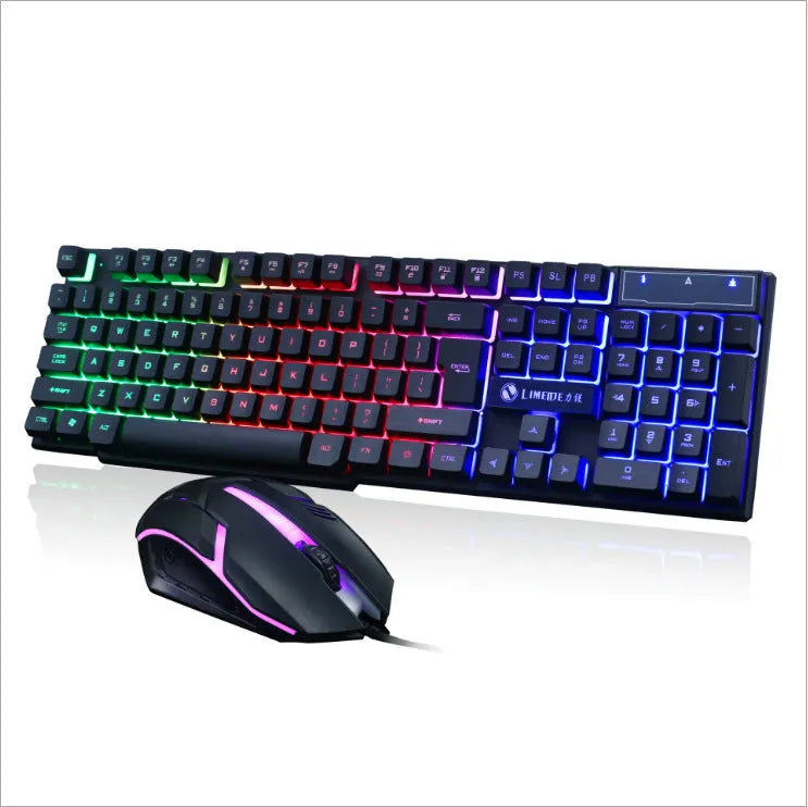 Limei GTX300 black gaming keyboard and mouse set with backlit keys on desktop