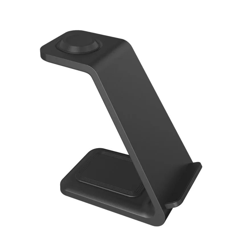 White 3-in-1 wireless charging stand with mobile phone holder upright position