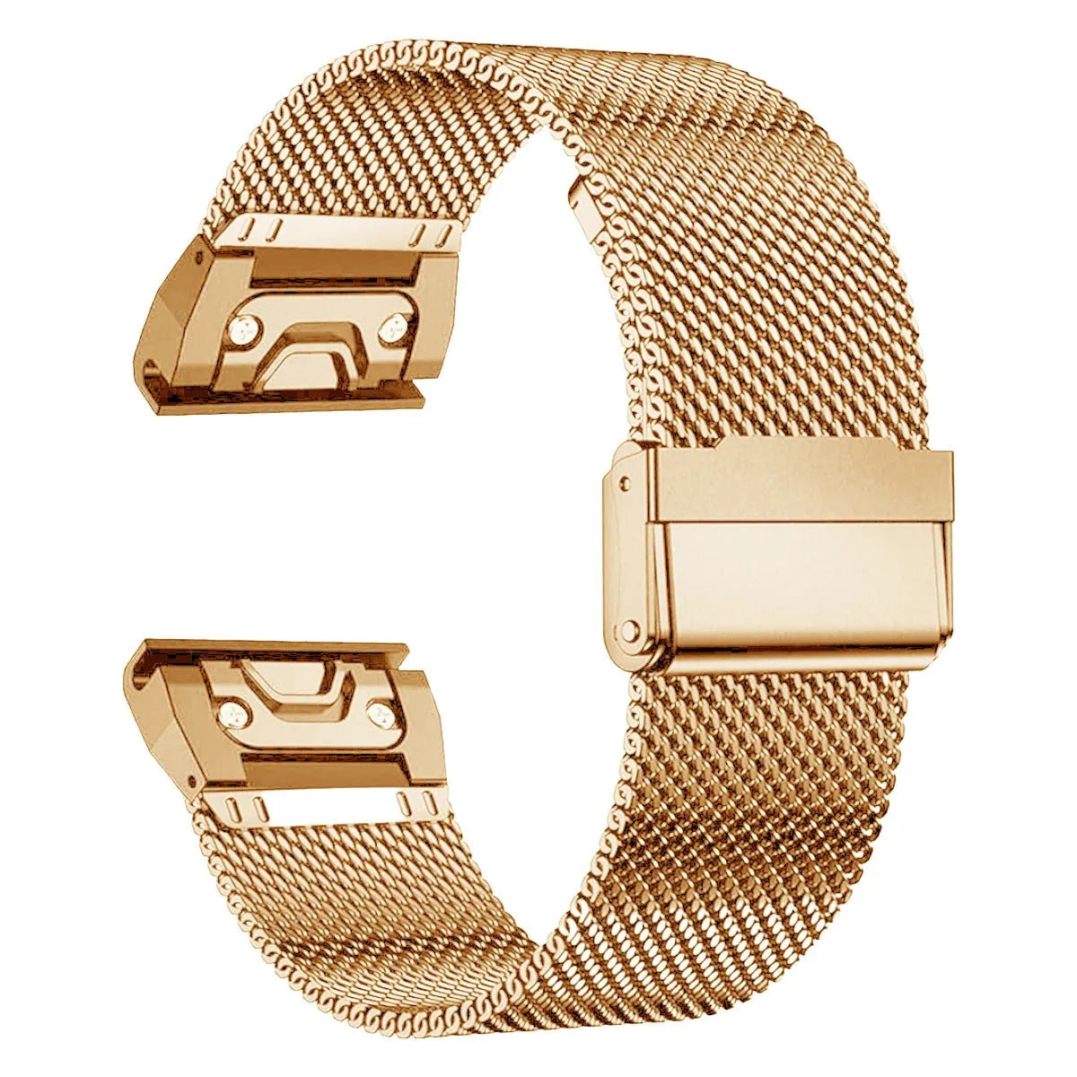 Stainless steel smartwatch strap for Garmin Fenix models in silver, black, gold, and rose gold colours