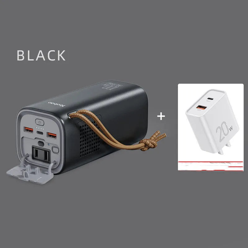 Black portable power bank with 20000mAh capacity and 220V output for outdoor use