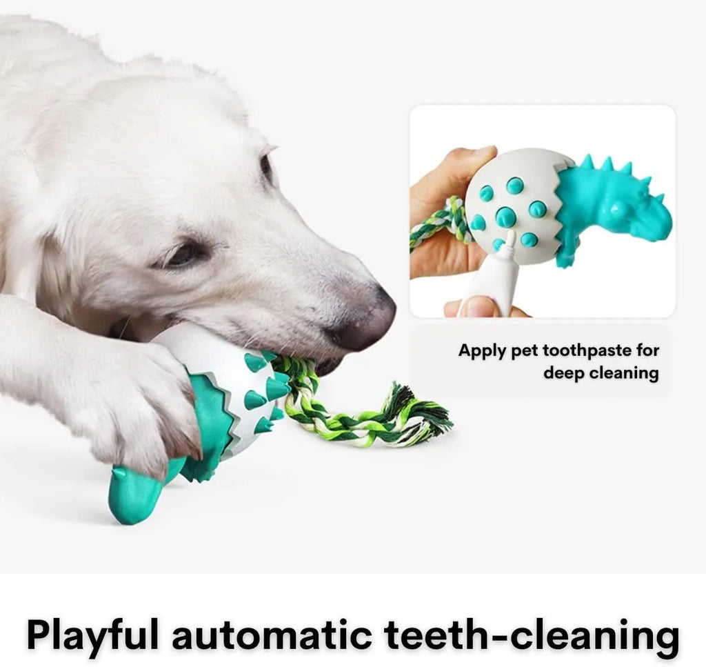 Durable rubber dog chew toy with rope attachment and dinosaur design for aggressive chewers