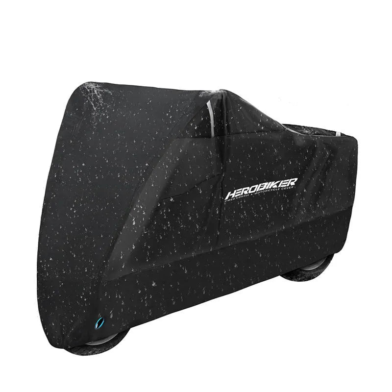Motorcycle rain cover for electric vehicles in black with red accents showing anti-theft features