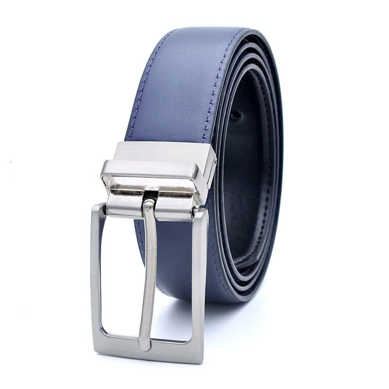 Men's brown and black genuine leather casual belt with rotating pin buckle showing length sizing options