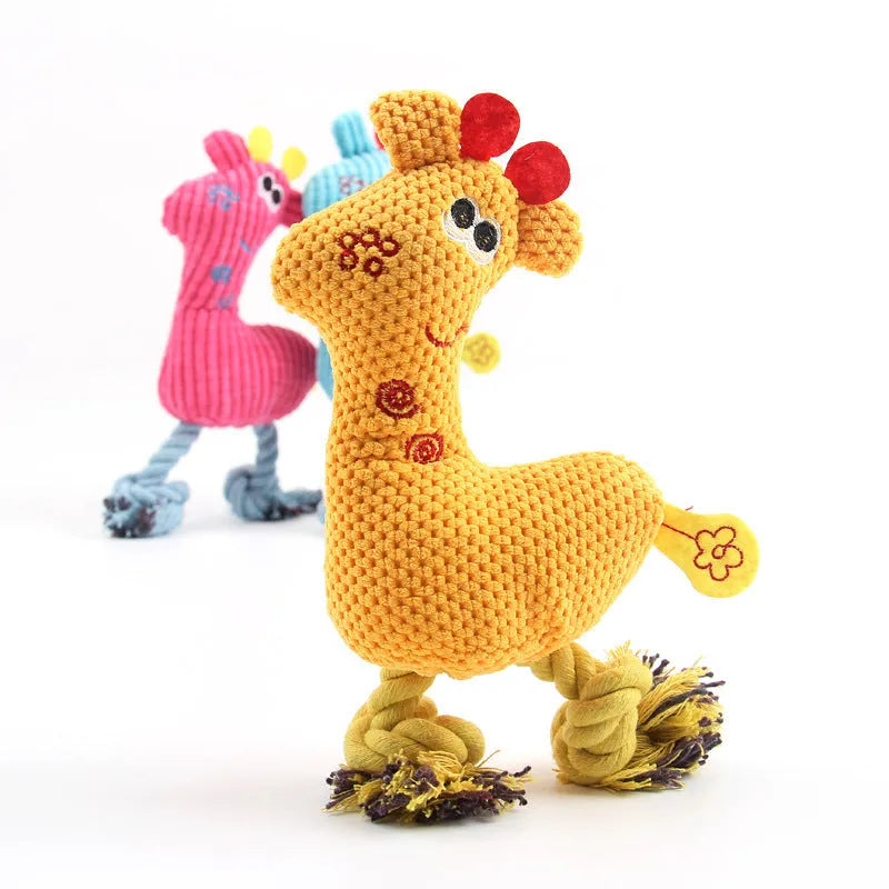 Blue deer-shaped plush dog toy with corn grain texture and sound feature