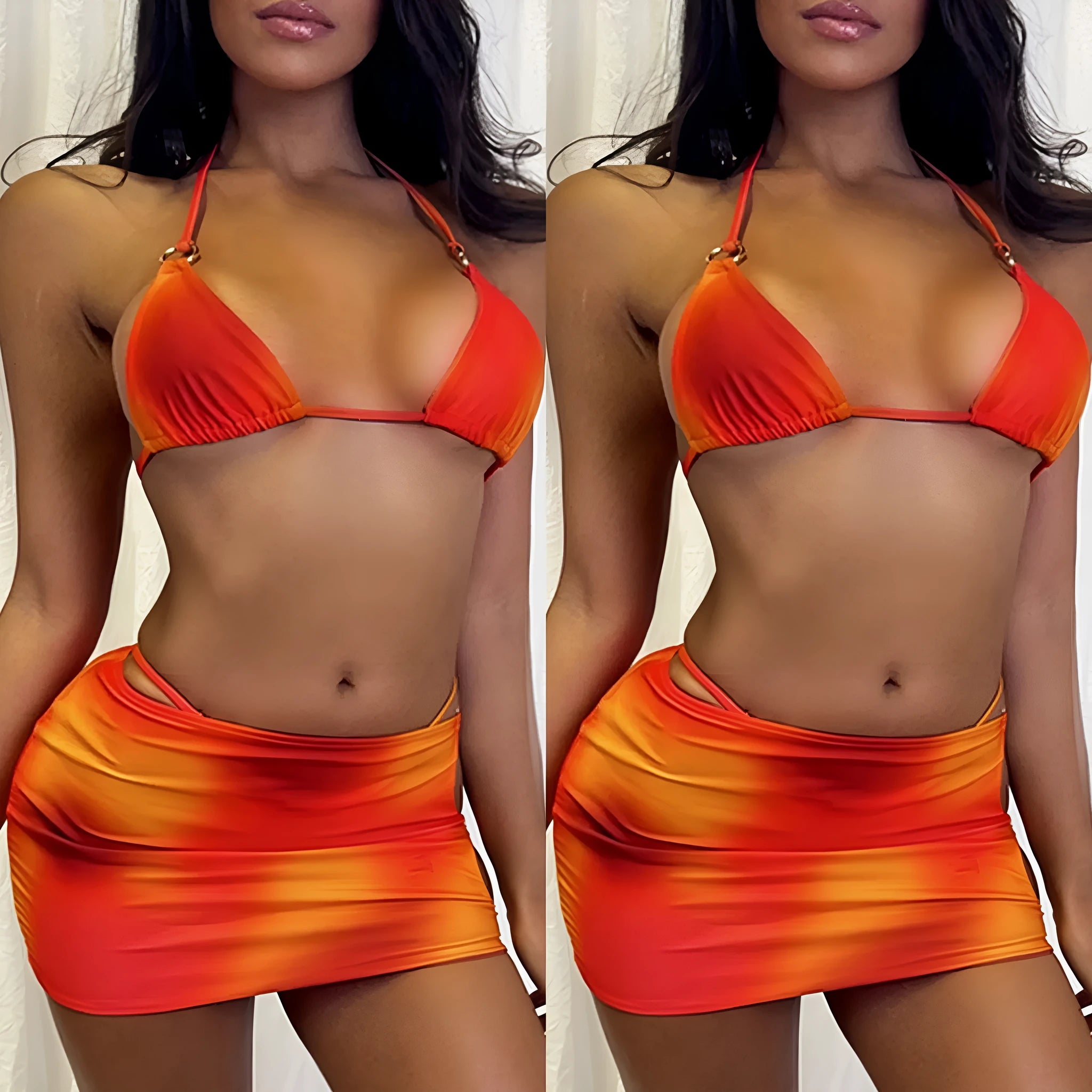 Women's tie-dye gradient three-piece bikini set with halter neck top and matching skirt.