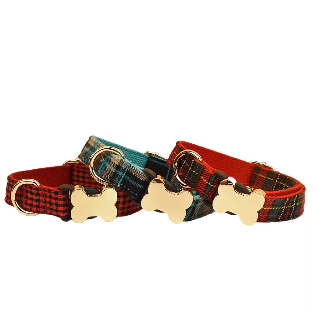 Nylon dog collar with printed grid pattern and bone-shaped metal buckle in multiple colour options