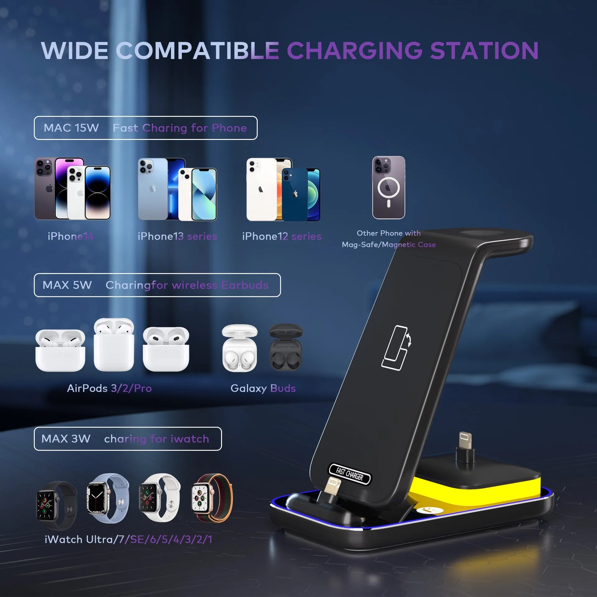 Black vertical wireless charging station for phone, watch and headset with 15W fast charging