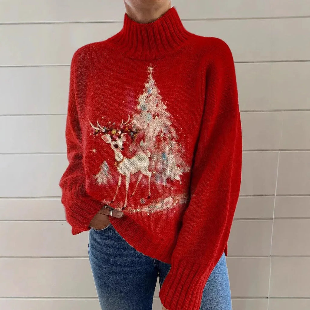 Women's Christmas printed turtleneck sweater with painting pattern in macaron colours, loose casual style