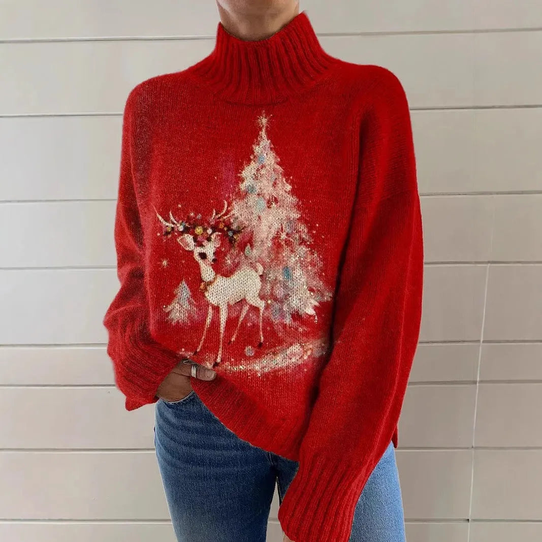Women's Christmas printed turtleneck sweater with painting pattern in macaron colours, loose casual style