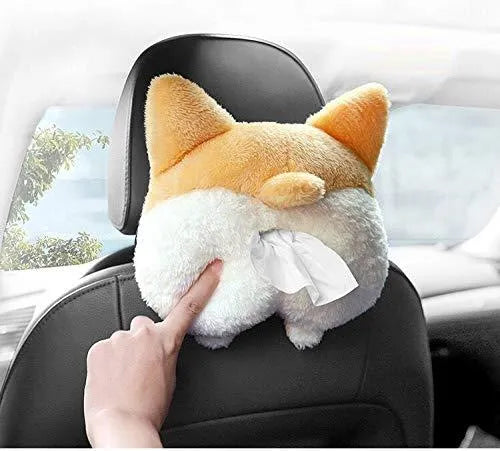 Yellow corgi butt-shaped polyester tissue box cover hanging on a car sun visor.