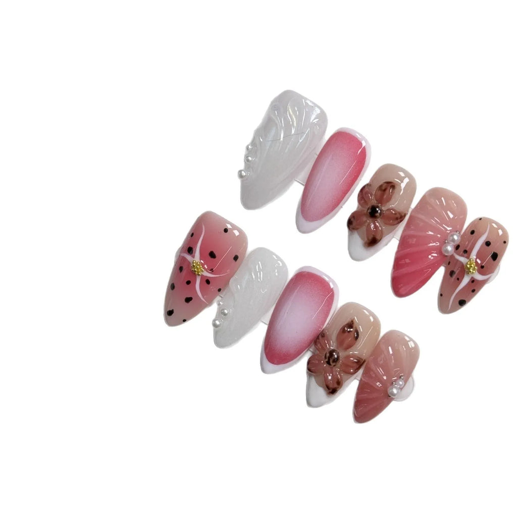 Set of hand-painted 3D carved nail beauty patches in embossed cute patterns.
