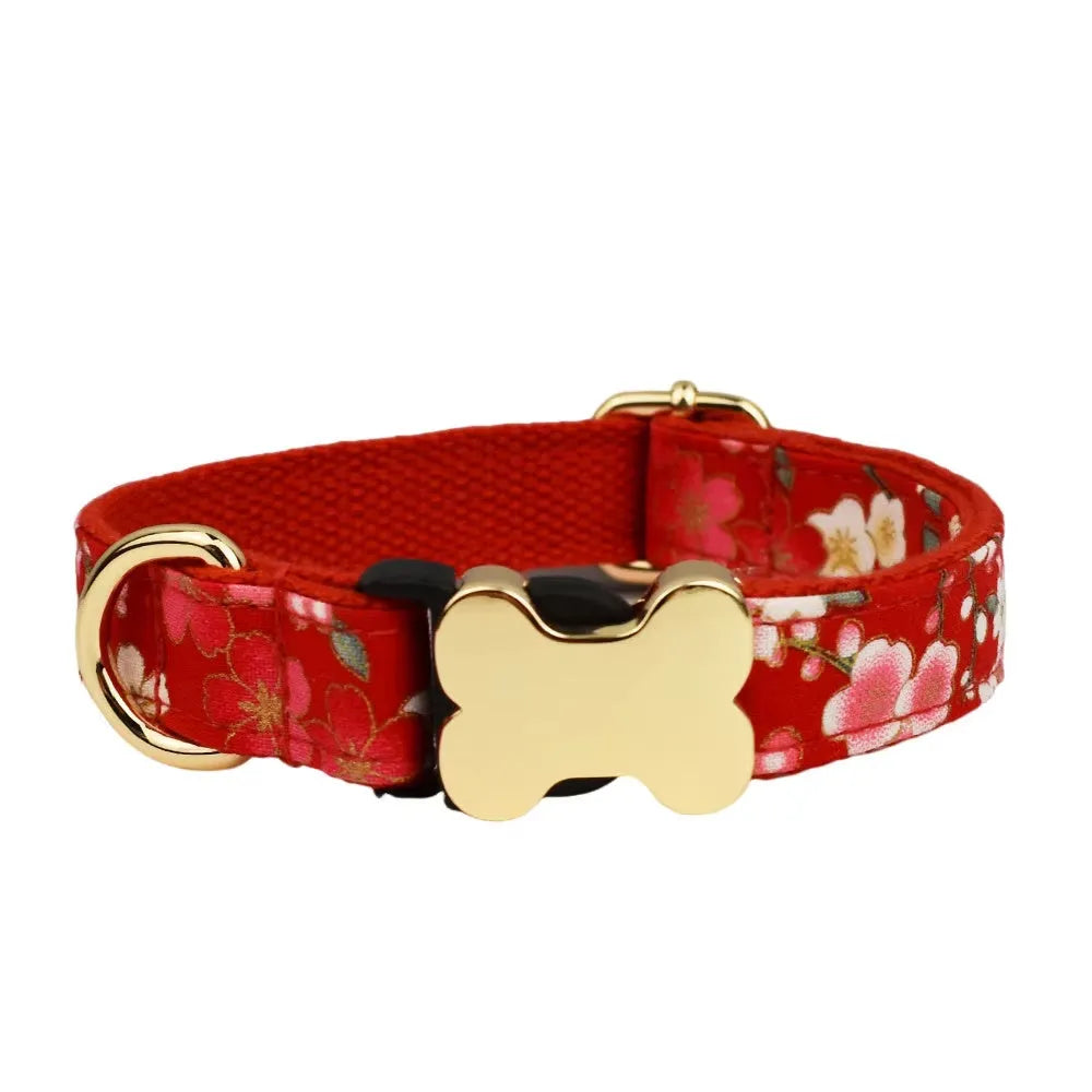 Nylon dog collar with printed grid pattern and bone-shaped metal buckle in multiple colour options