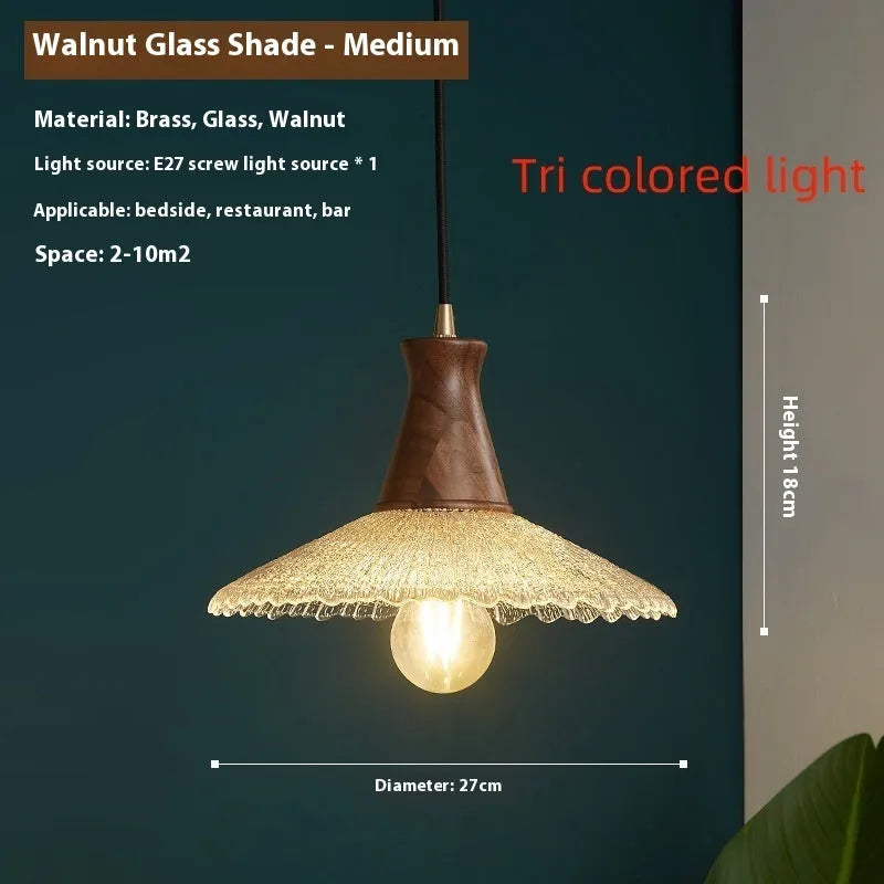 Retro wood and glass chandelier with brass finish in three size options