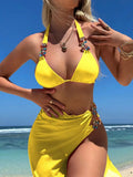 Rose Red three-piece women's swimsuit set with bikini top, briefs, and long mesh skirt laid flat.