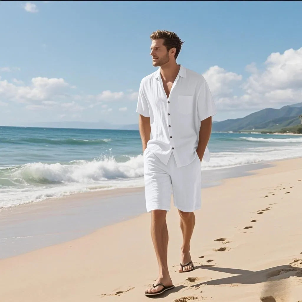 Linen blend short sleeve shirt and shorts leisure suit in Army Green colour