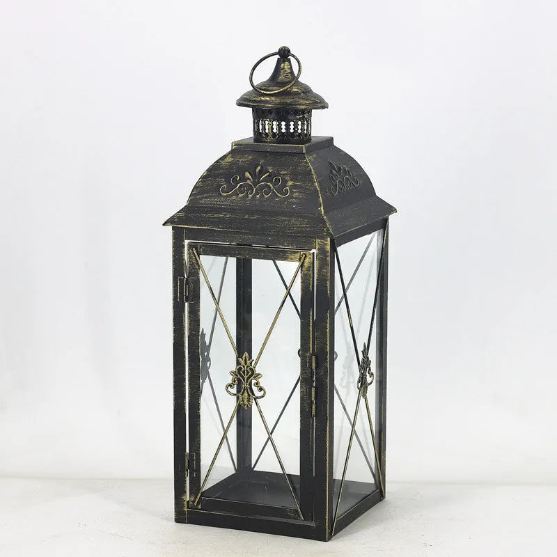 European style black and white wrought iron floor-standing storm lantern with tempered glass for courtyard decoration