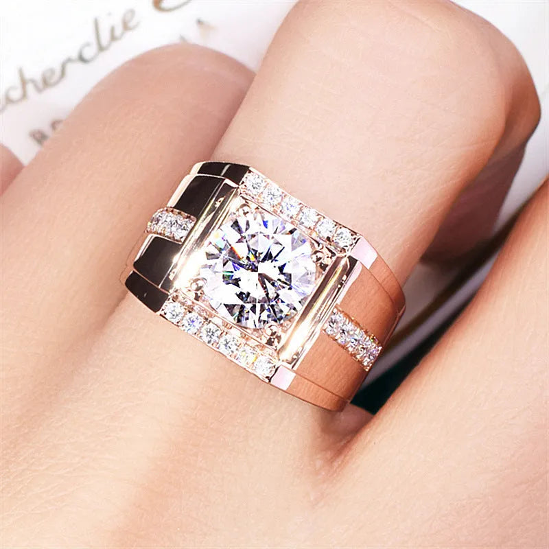 Men's adjustable diamond zircon ring in geometric shape with open mouth design