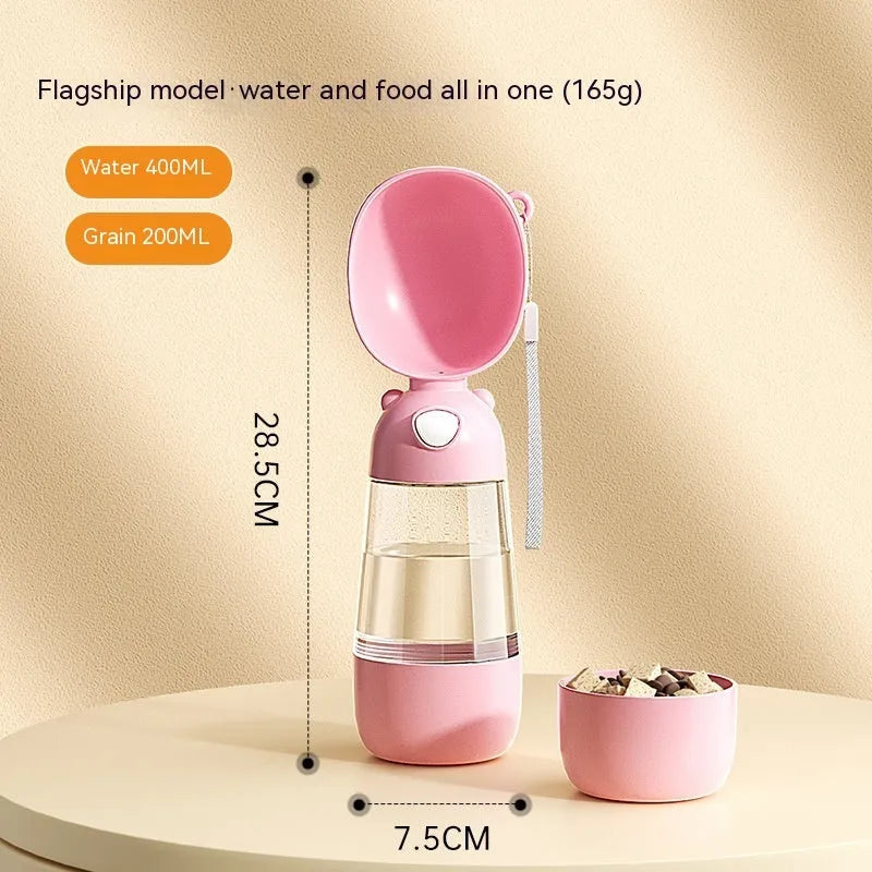 Portable dog water bottle with integrated food container in brown, pink, or yellow colours