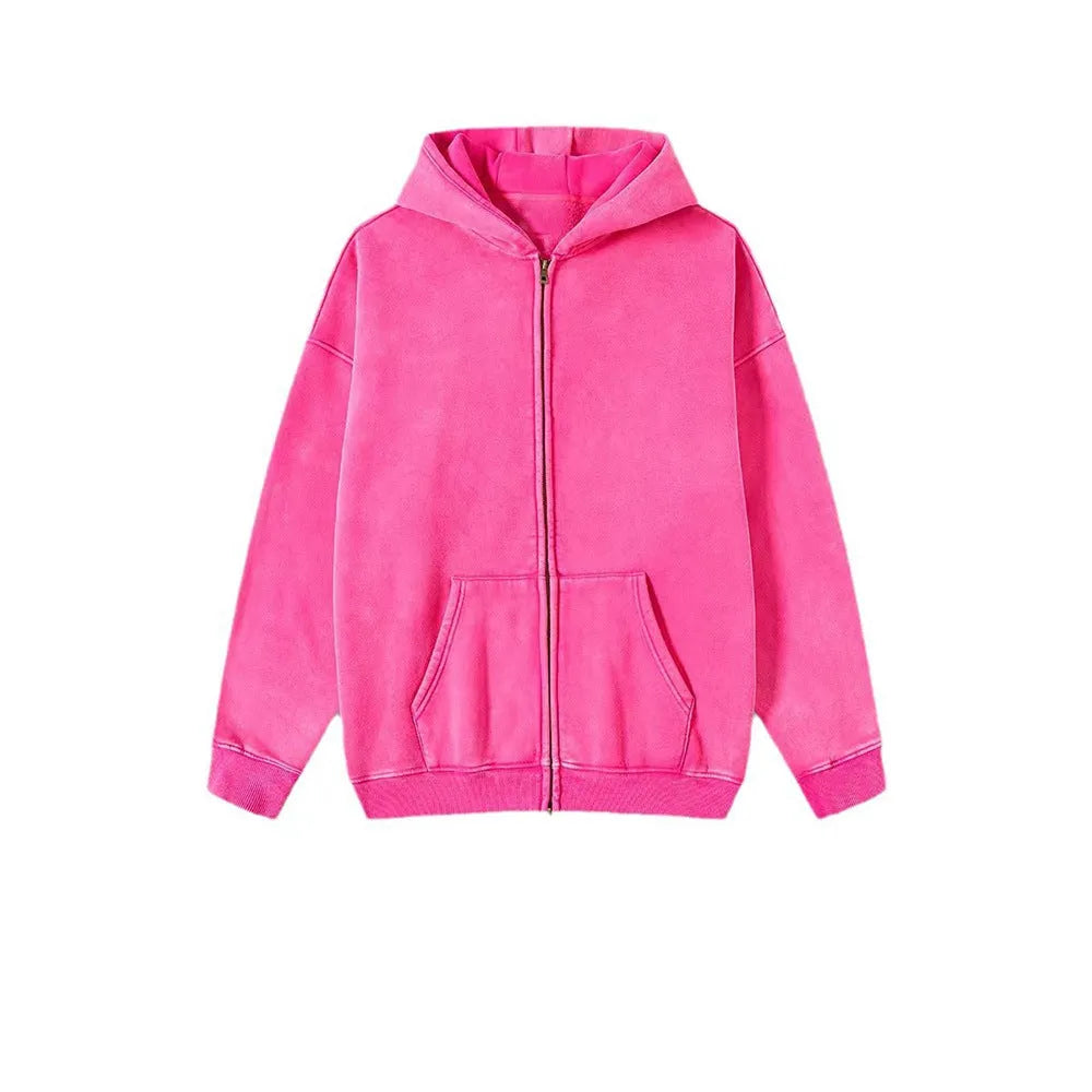 Men's washed black hooded cardigan with double zipper and fleece lining in vintage cotton style