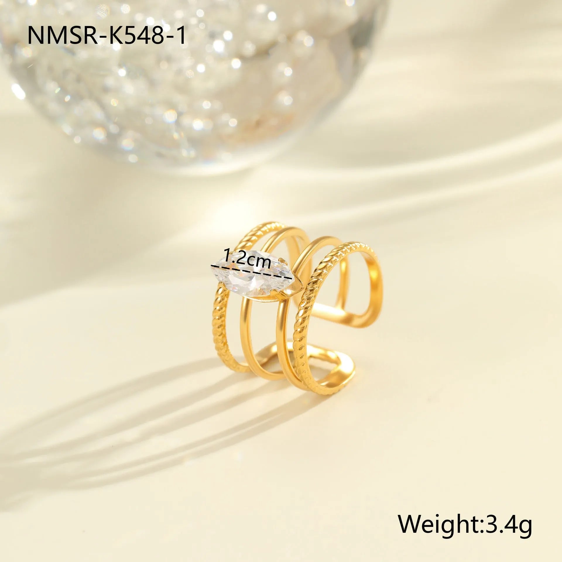Gold electroplated stainless steel ring with zircon geometric design and open mouth adjustable fit