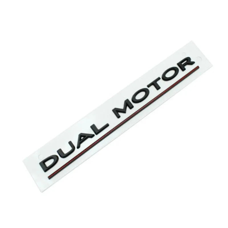 Tesla Model 3 black and red ABS plastic bumper sticker measuring 19cm by 3cm.