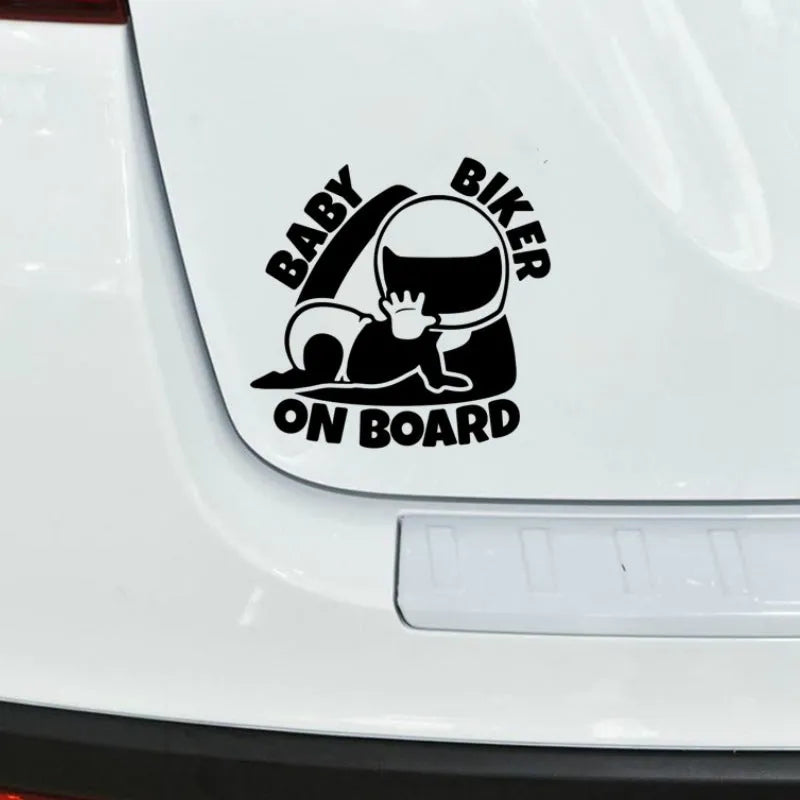 Black and white BABY ON BOARD reflective car sticker measuring 14.5 by 15 cm