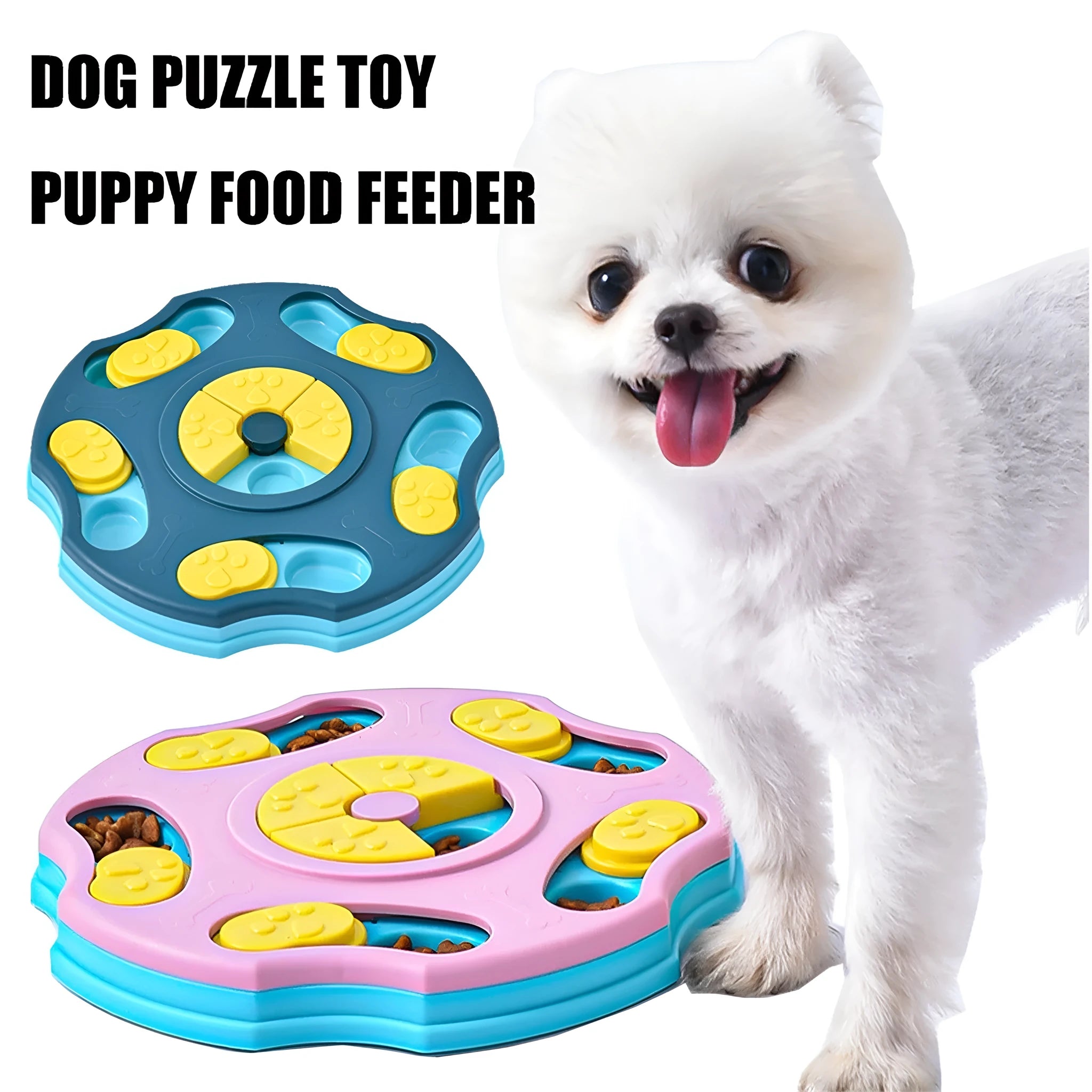 Blue and pink dog puzzle feeder toy for aggressive chewers with food bowl and interactive game design