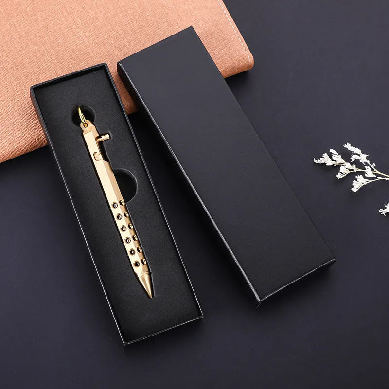 Brass hexagonal bolt pen showing six-sided shape and metallic construction with 0.5mm writing head