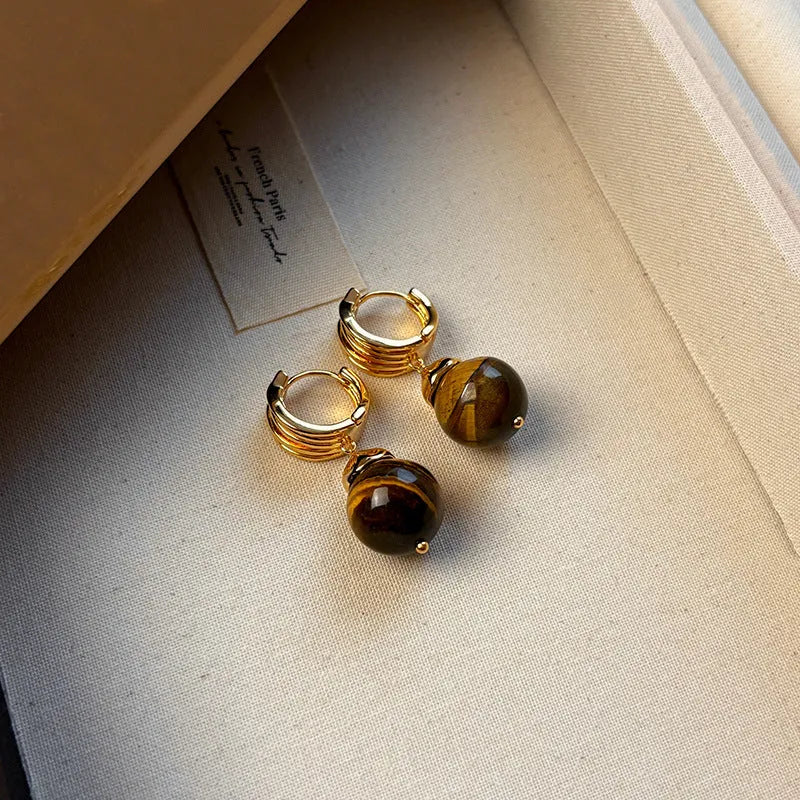 Women's geometric tigereye earrings with gold plating in brown and black colour options