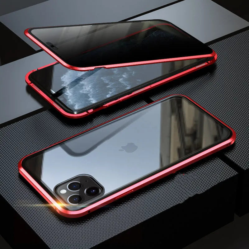 Black glass clamshell anti-spy case on an iPhone, showing geometric design and solid colour.