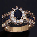 Personalised zinc alloy ring with diamond treatment in sunflower blue or square purple and blue zircon designs.