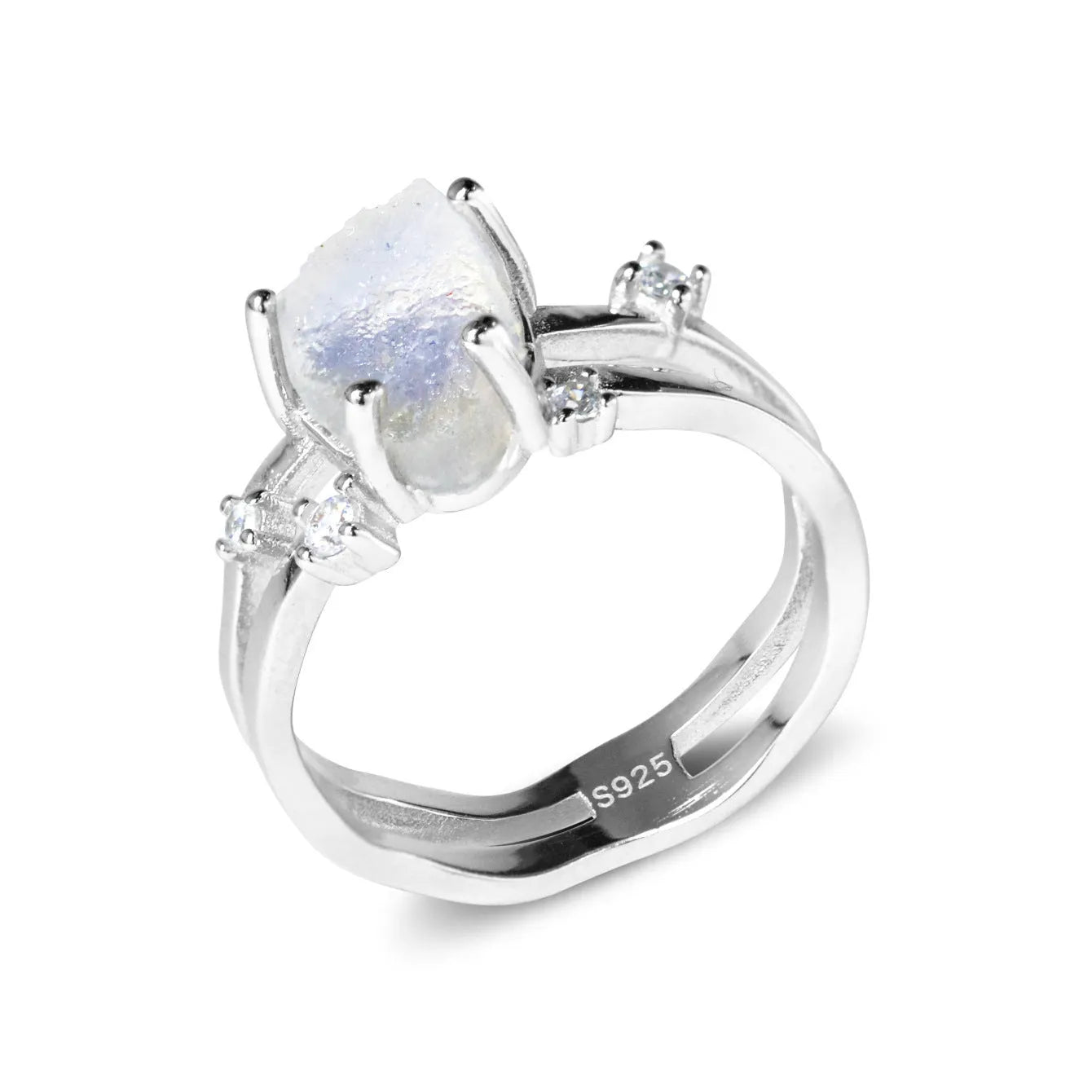 S925 silver ring with triangular shape and central moonstone in rose gold, white, or yellow gold finish.