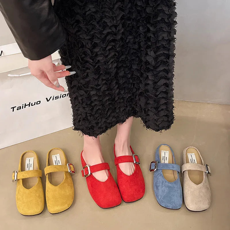 Women's flat PU leather slippers with square toe design in multiple colours