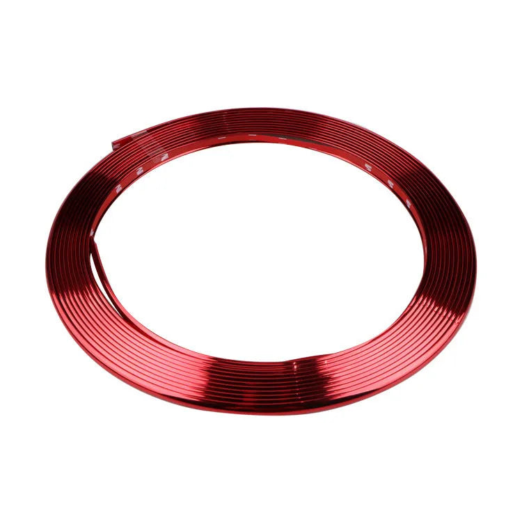 Roll of electroplated purple PVC wheel hub trim strip, 8 metres long, for car decoration and protection.