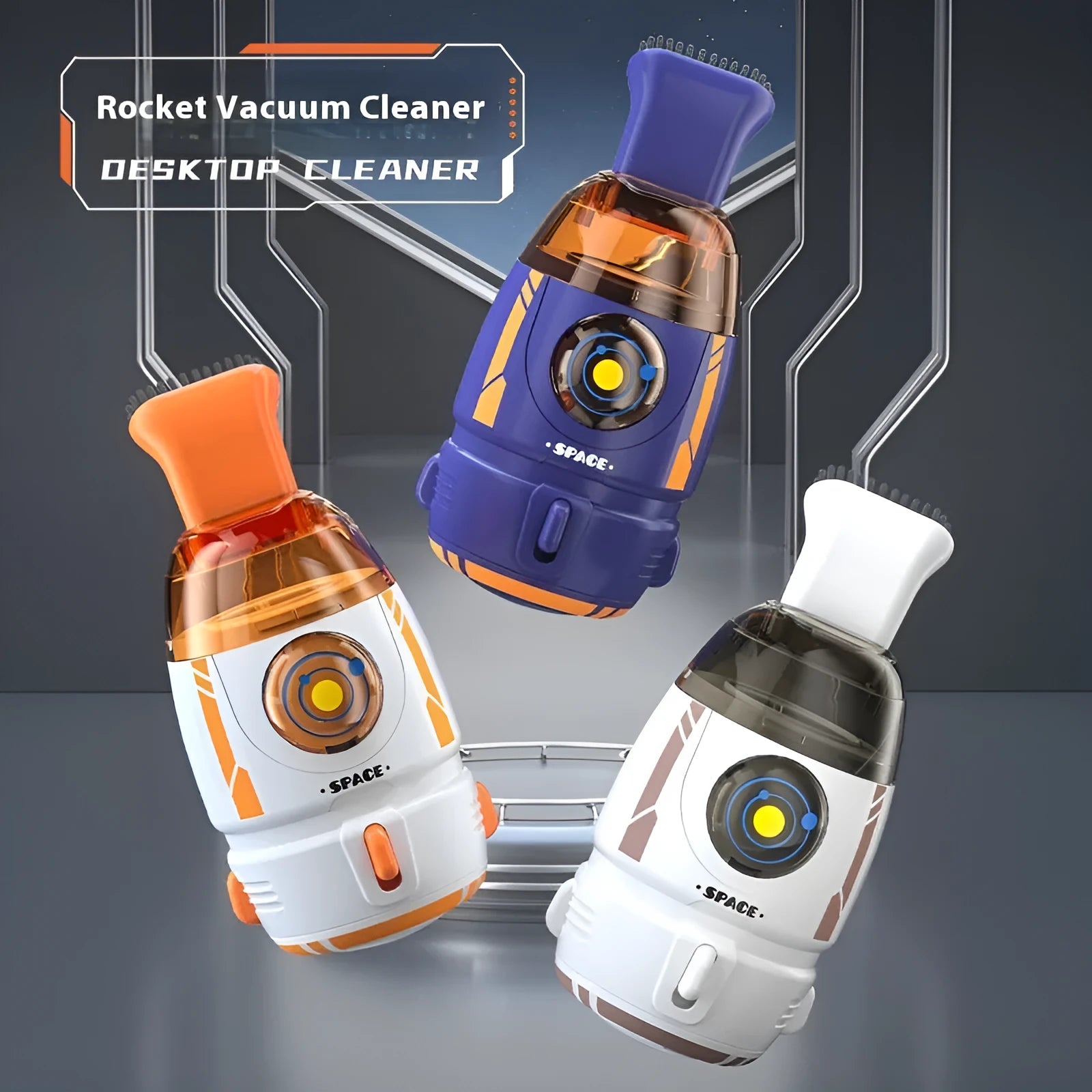 USB charging handheld desktop vacuum cleaner in blue rocket design on computer keyboard