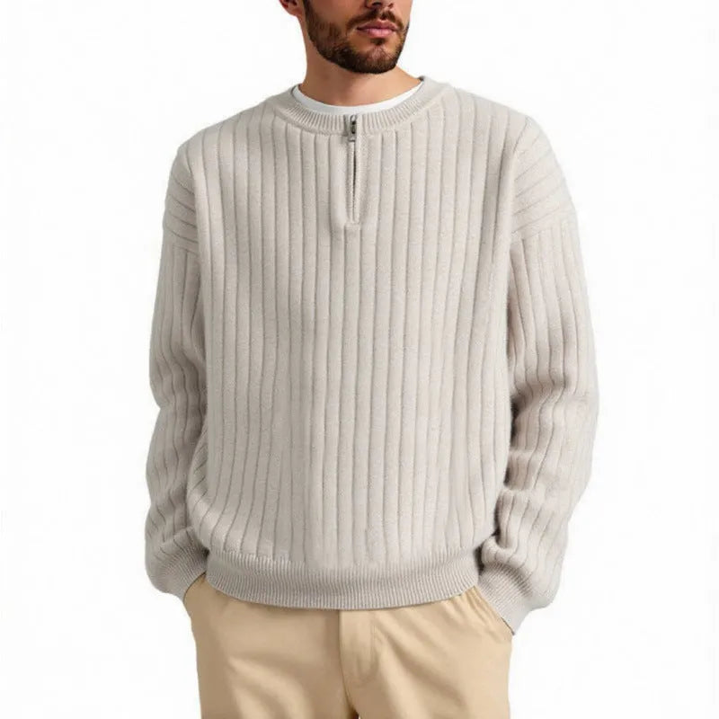 Men's gray half zip pullover sweater with texture knit and loose fit