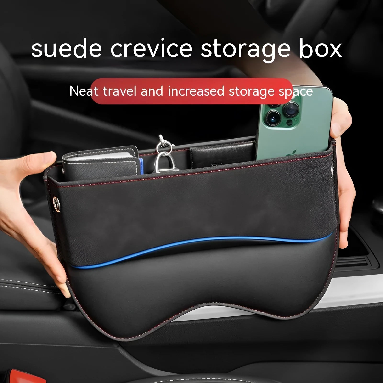 Leather car seat storage box in beige suede colour on a vehicle seat