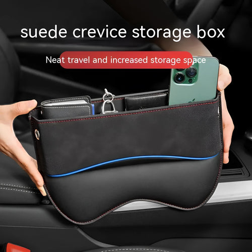 Leather car seat storage box in beige suede colour on a vehicle seat